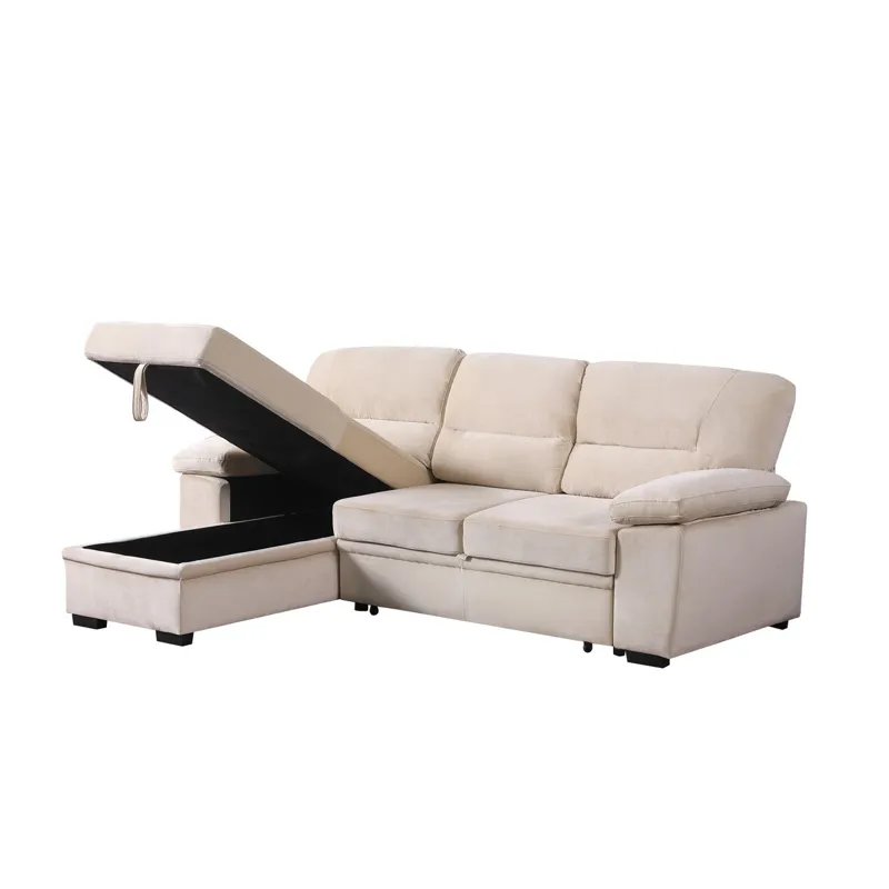 Kipling - Velvet Fabric Reversible Sleeper Sectional Sofa Chaise - Beige