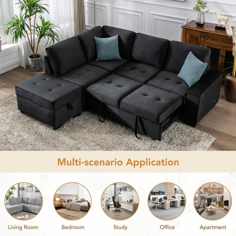 Sleeper Sectional Sofa, L-Shape Corner Couch Sofa Bed With Storage Ottoman & Hidden Arm Storage & US