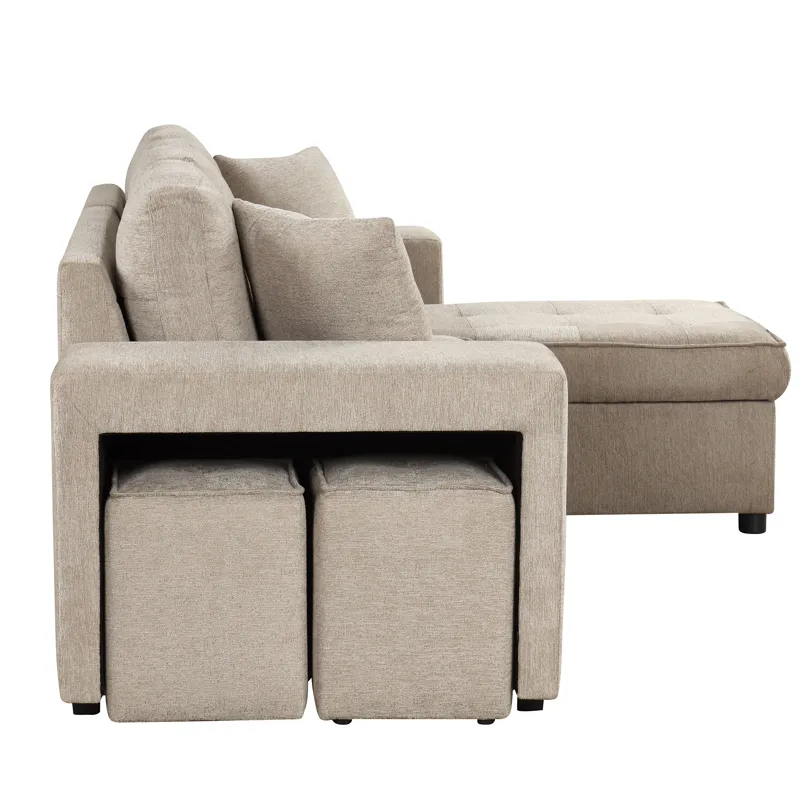 Modern L-Shape 3 Seat Reversible Sectional Couch, Pull Out Sleeper Sofa With Storage Chaise And 2 St