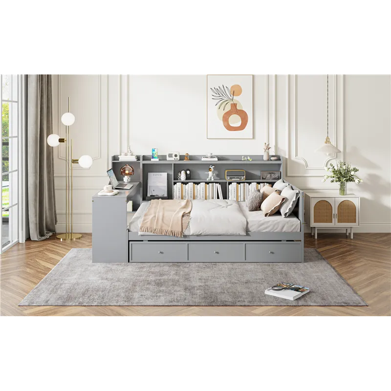 Full Size Wooden Daybed With 3 Drawers, USB Ports And Desk - Gray