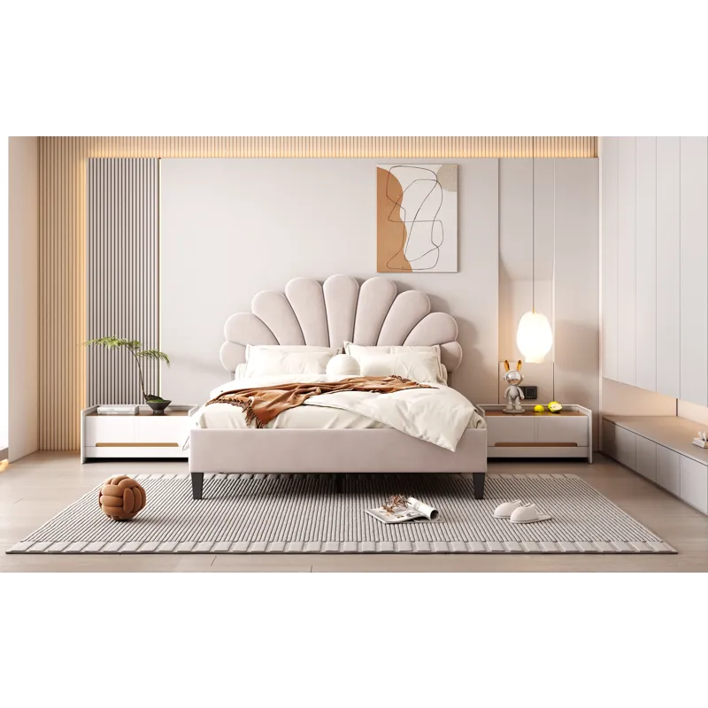Full Size Upholstered Platform Bed With Flower Pattern Velvet Headboard - Beige