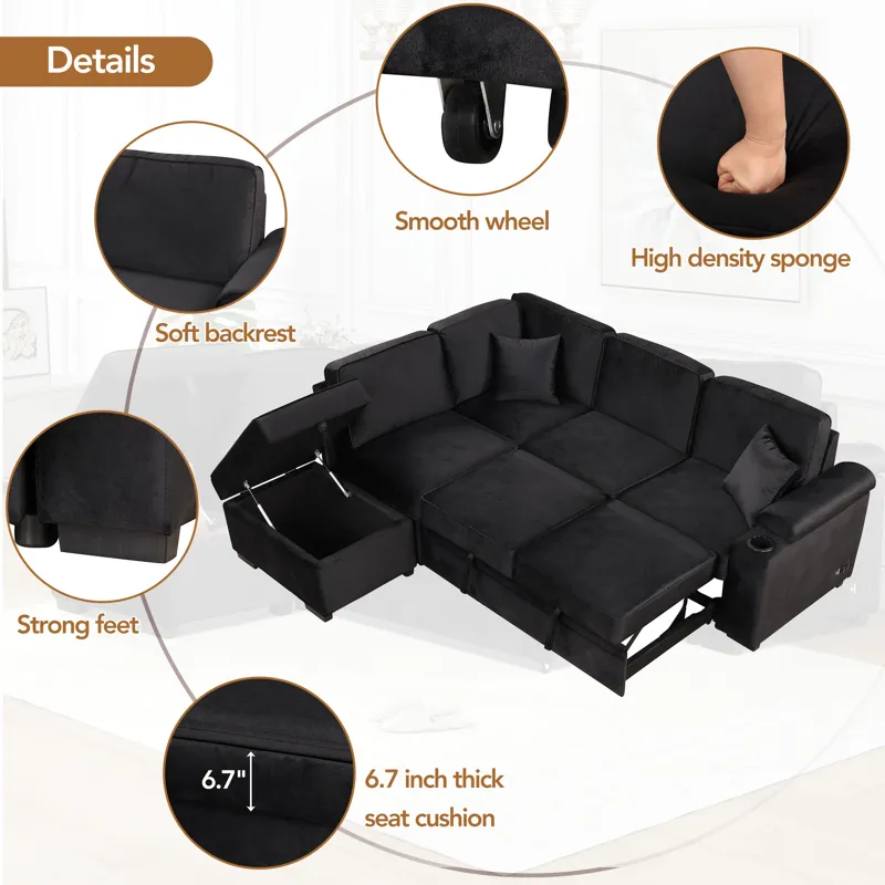 Sleeper Sofa Bed, 2 In 1 Pull Out Sofa Bed L-Shape Couch With Storage Ottoman For Living Room, Bedro