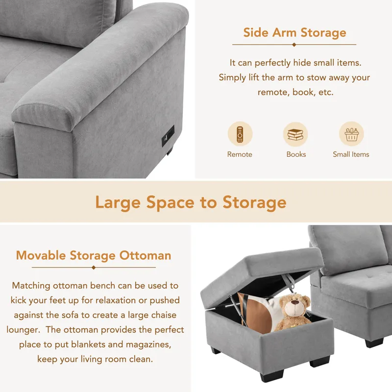 Sleeper Sectional Sofa, L-Shape Corner Couch Sofa - Bed With Storage Ottoman & Hidden Arm Storage & 