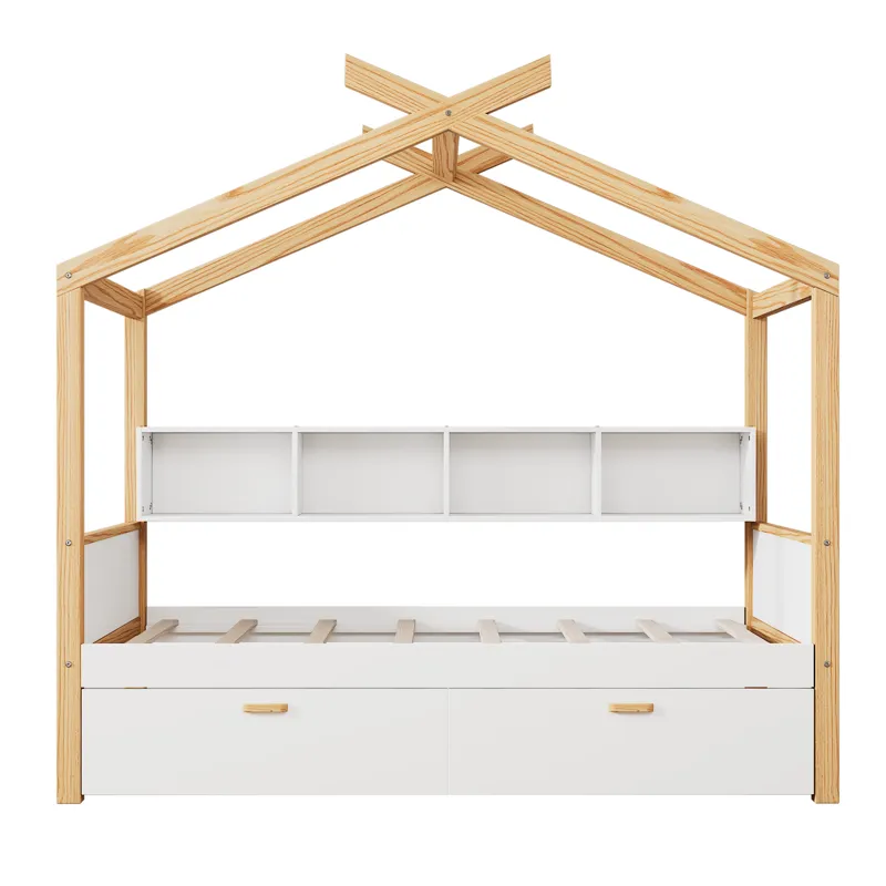 Twin Size Wooden House Bed Original Wood Colored Frame With Two Drawers And Bookshelf Storage Space 