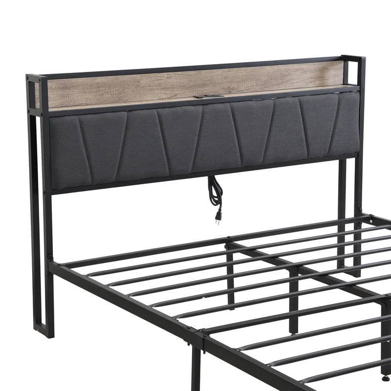 Queen Size Metal Platform Bed Frame With Upholsteryolstery Storage Function Headboard And USB Liner 