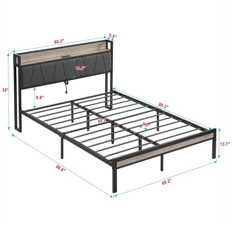 Queen Size Metal Platform Bed Frame With Upholsteryolstery Storage Function Headboard And USB Liner 
