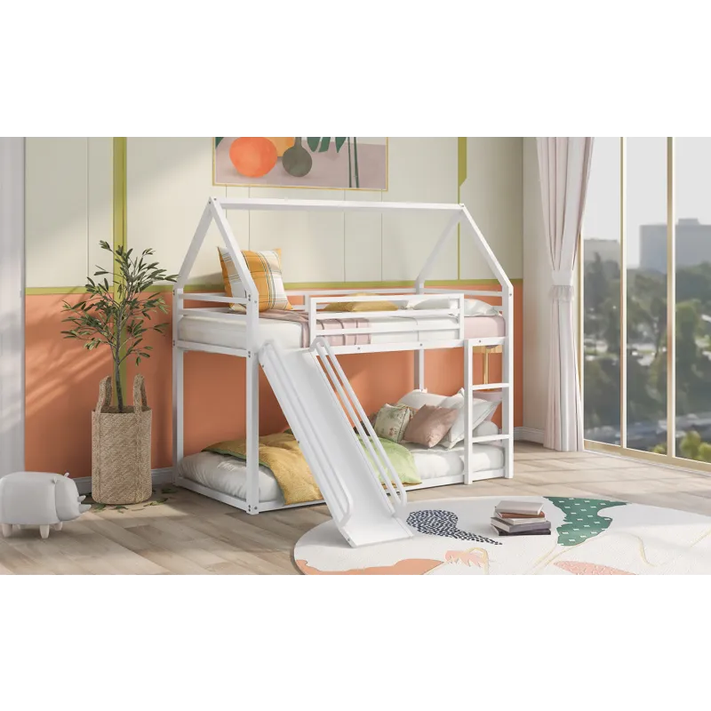 Twin Over Twin House Bunk Bed With Ladder And Slide - White