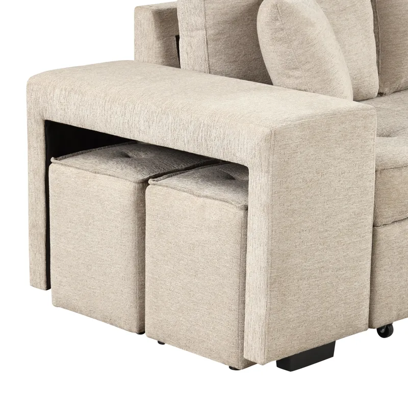 Modern L-Shape 3 Seat Reversible Sectional Couch, Pull Out Sleeper Sofa With Storage Chaise And 2 St