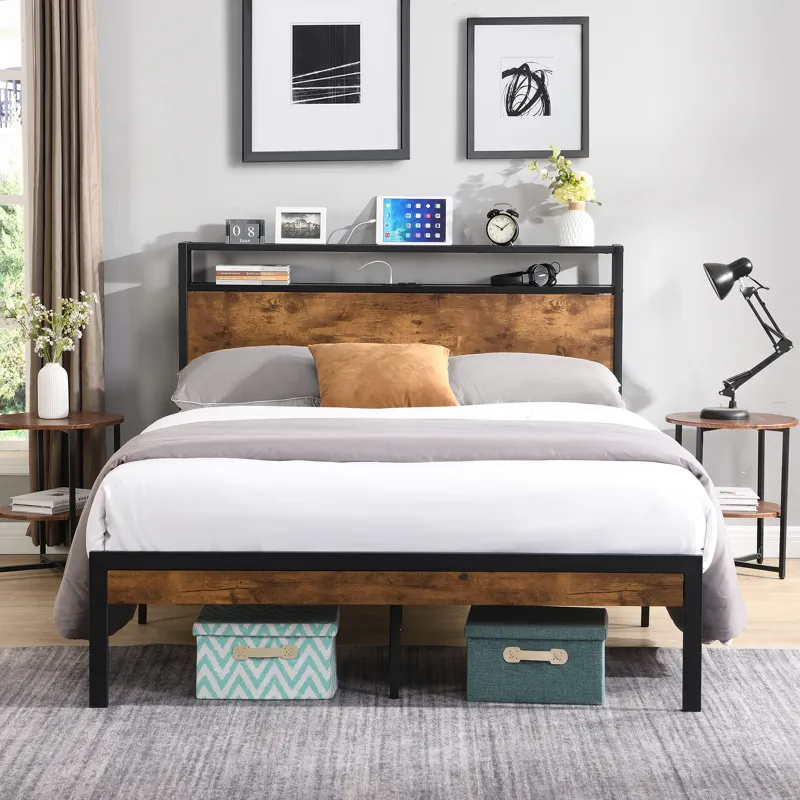 Queen Size Metal Platform Bed Frame With Wooden Headboard And Footboard With USB Liner, No Box Sprin