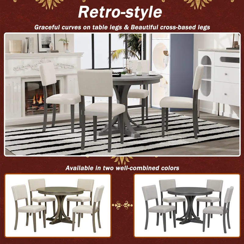 5 Piece Retro Round Dining Table Set With Curved Trestle Style Table Legs And 4 Upholstered Chairs F