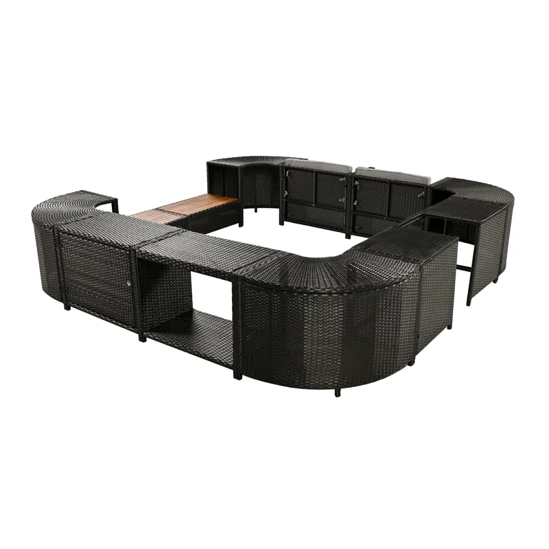 Spa Surround Spa Frame Quadrilateral Outdoor Rattan Sectional Sofa Set With Mini Sofa, Wooden Seats 