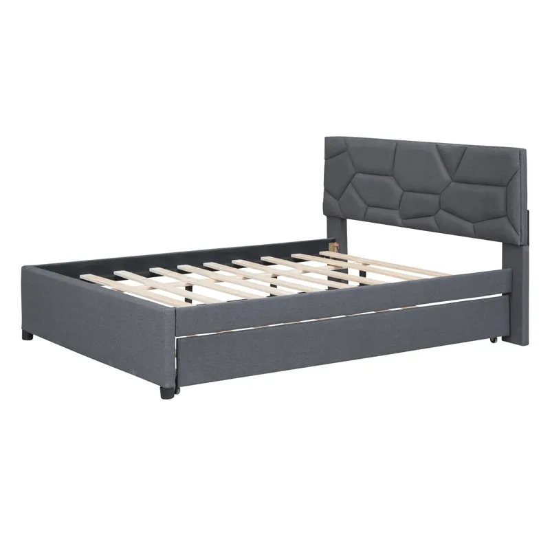 Full Size Upholstered Platform Bed With Brick Pattern Headboard And Twin Size Trundle, Linen - Gray