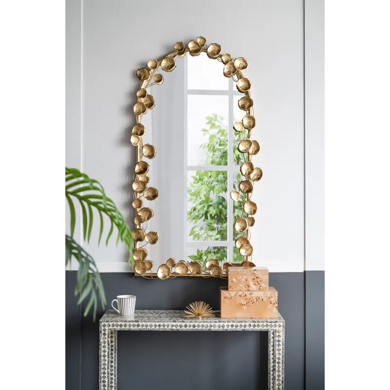 Full Length Arched Wall Mirror With Leaf Accents, Decorative Mirror For Living Room Bedroom - Golden