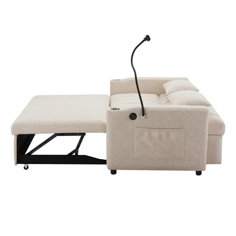 Convertible Sofa Bed Loveseat Sofa With Three USB Ports, Two Side Pockets, Two Cup Holders And 360° 