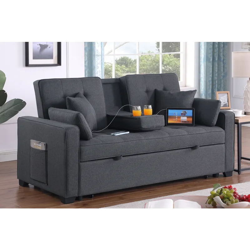 Cody II - 69.5\"W Dark Gray Linen Convertible Sleeper Loveseat With Cup Holder, Charging Ports and P