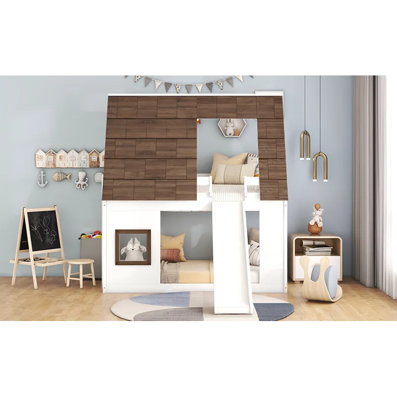 Wood Twin Size House Bunk Bed With Roof, Ladder And Slide - White / Brown