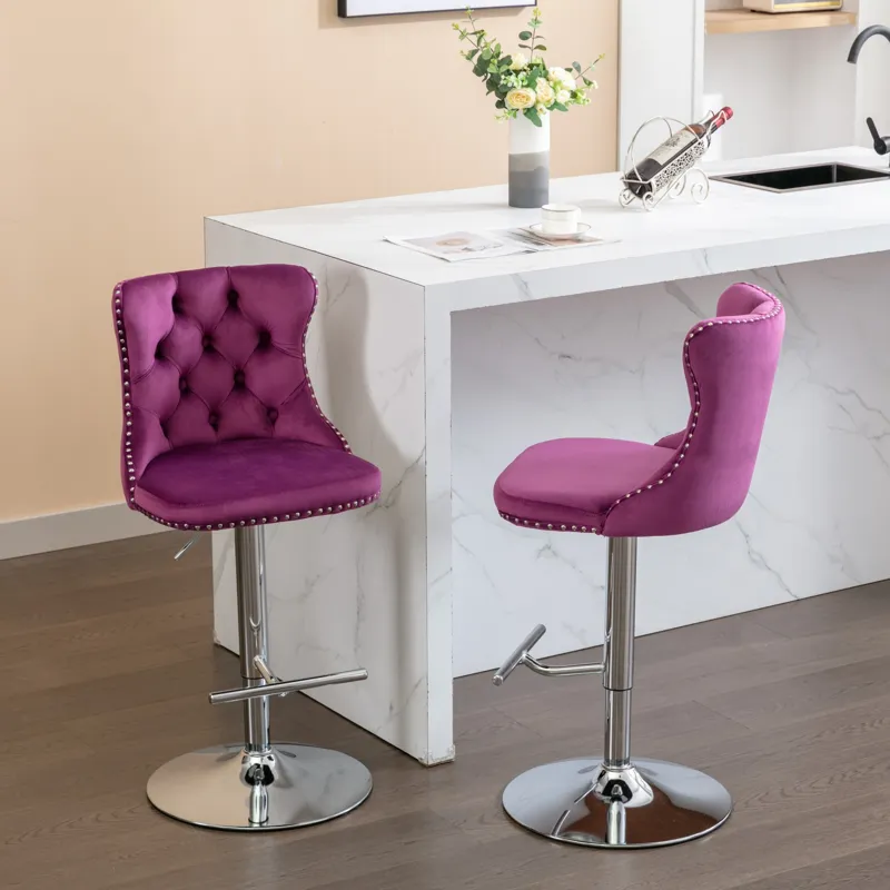 Swivel Velvet Barstools, Adjusatble Seat Height 1712PP (Set of 2) - Purple