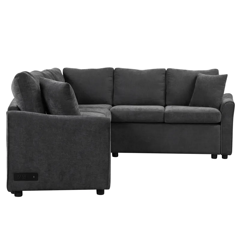 L-Shaped Sofa Convertible Sofa Bed Pull Out Sofa Sleeper With Two Back Pillows, Two USB Ports And Tw