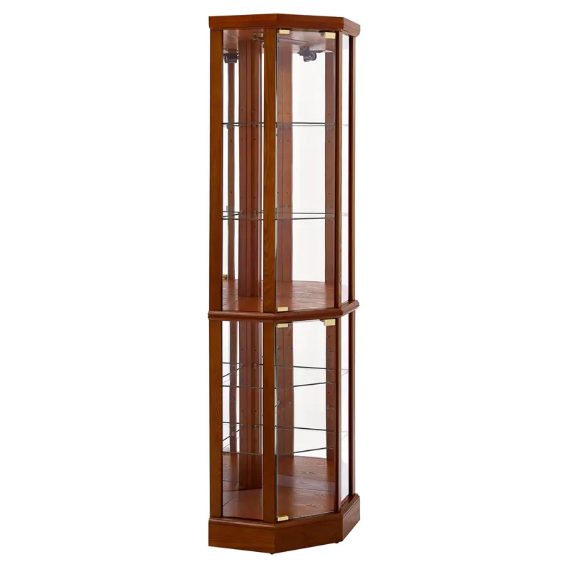6 Shelf Lighted Corner Curio Cabinet With Adjustable Tempered Glass Shelves And Mirror Back (E26 Lig