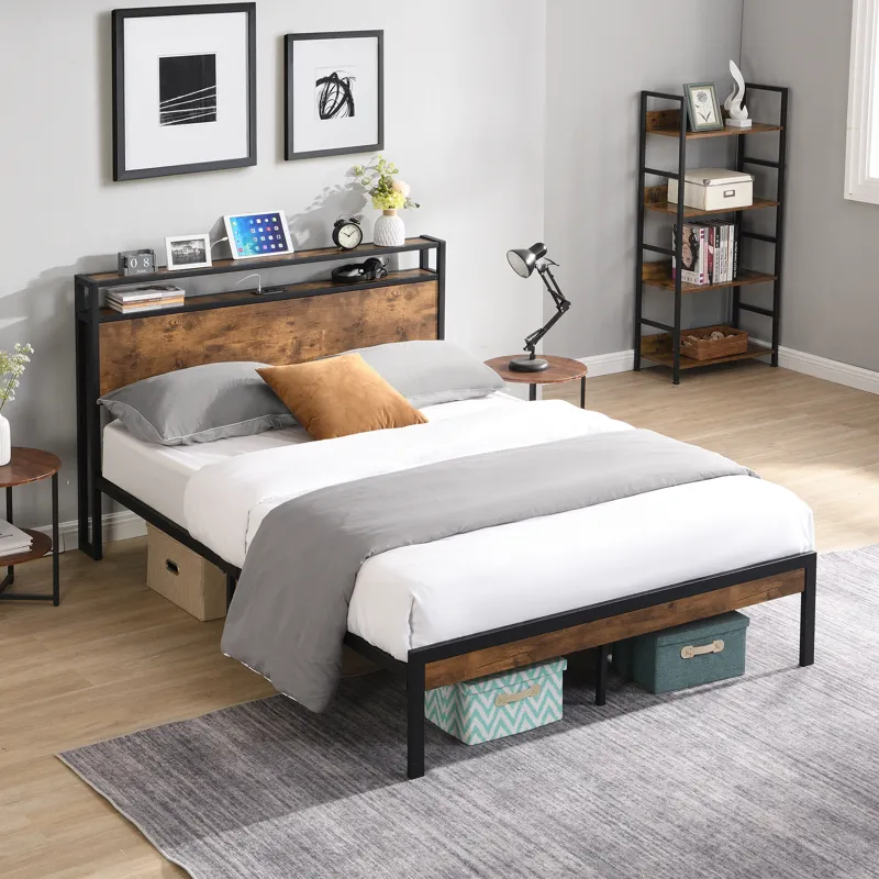 Full Size Metal Platform Bed Frame With Wooden Headboard And Footboard With USB Liner, No Box Spring