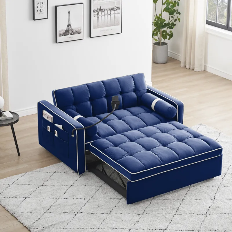 Modern Convertible Sleeper Sofa Couch With Pull Out Bed With Pillows & Side Pockets For Small Space,