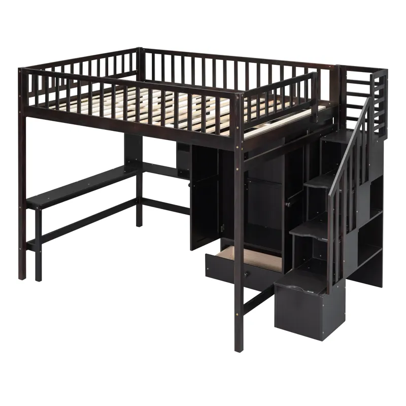 Full Size Loft Bed With Bookshelf, Drawers, Desk, And Wardrobe - Espresso