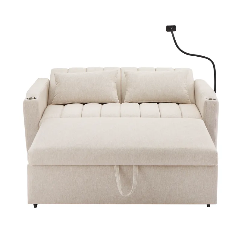 Convertible Sofa Bed Loveseat Sofa With Three USB Ports, Two Side Pockets, Two Cup Holders And 360° 