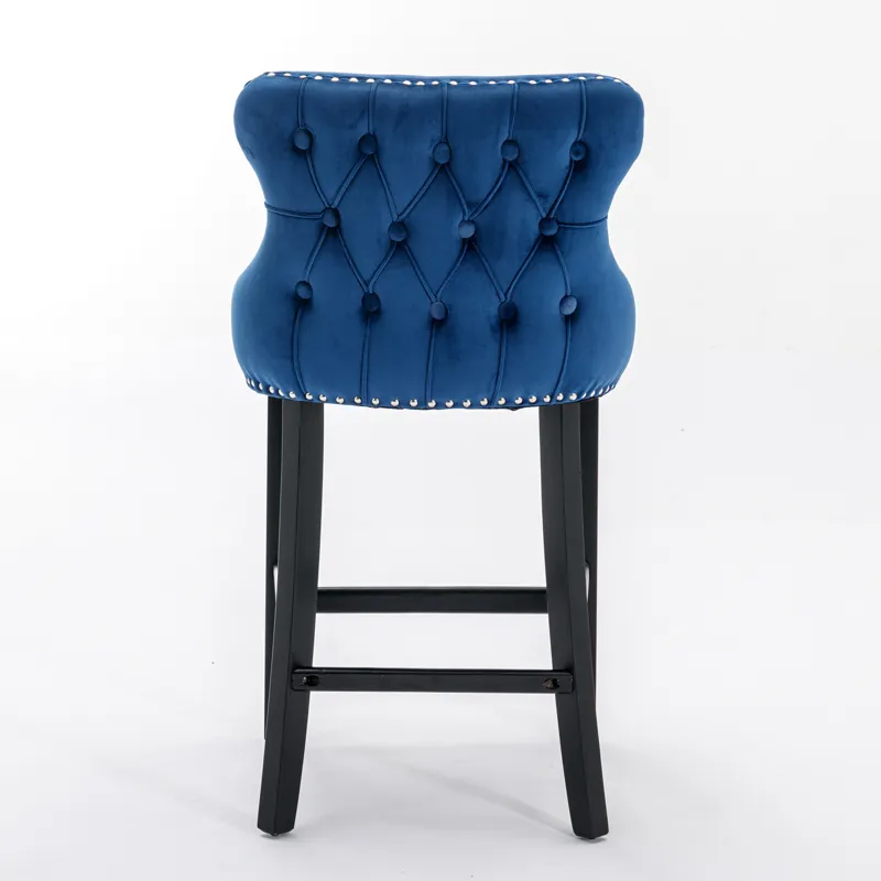 Contemporary Velvet Upholstered Wing-Back Barstools With Button Tufted Decoration And Wooden Legs, A