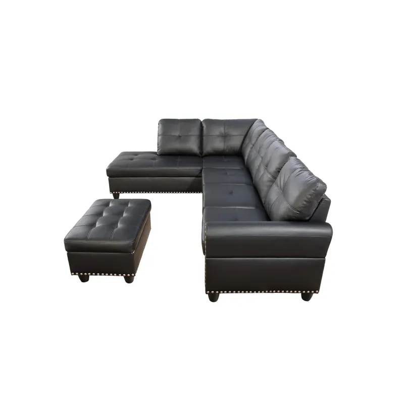 Irine - Faux Leather Sectional Sofa With Ottoman - Black
