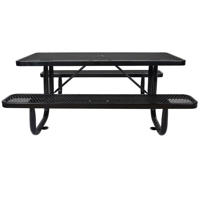 Rectangular Outdoor Steel Picnic Table With Umbrella Pole - Black