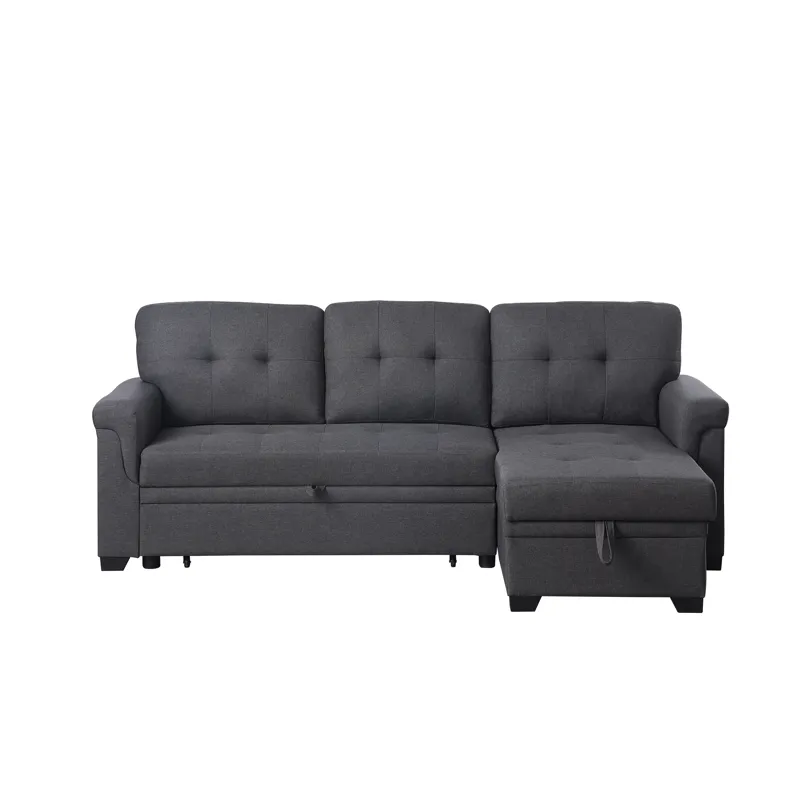 Lucca - Linen Reversible Sleeper Sectional Sofa With Storage Chaise - Dark Gray