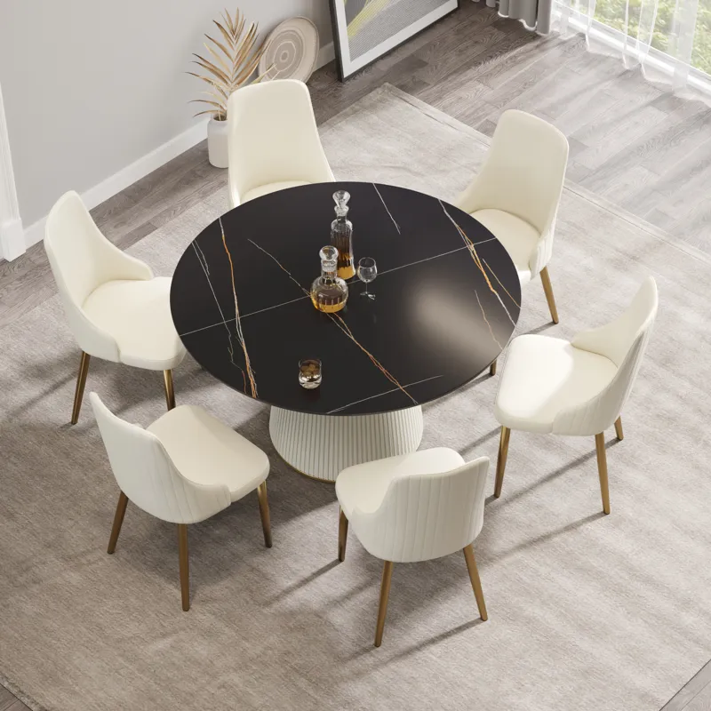 Modern Artificial Stone Round Plywood PU Base Dining Table, Can Accommodate 6 People, (Not Including