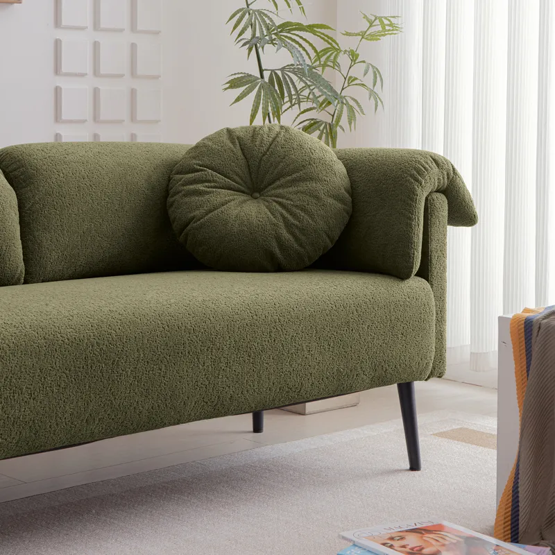 Modern Lamb Wool Sofa With Decorative Throw Pillows For Small Spaces - Emerald
