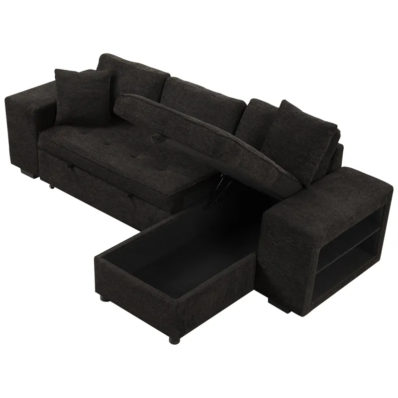 Modern L-Shape 3 Seat Reversible Sectional Couch, Pull Out Sleeper Sofa With Storage Chaise And 2 St