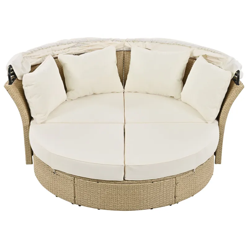 Outdoor Patio Daybed Wicker Rattan Double Daybed Round Sofa Furniture Set With Retractable Canopy, 4