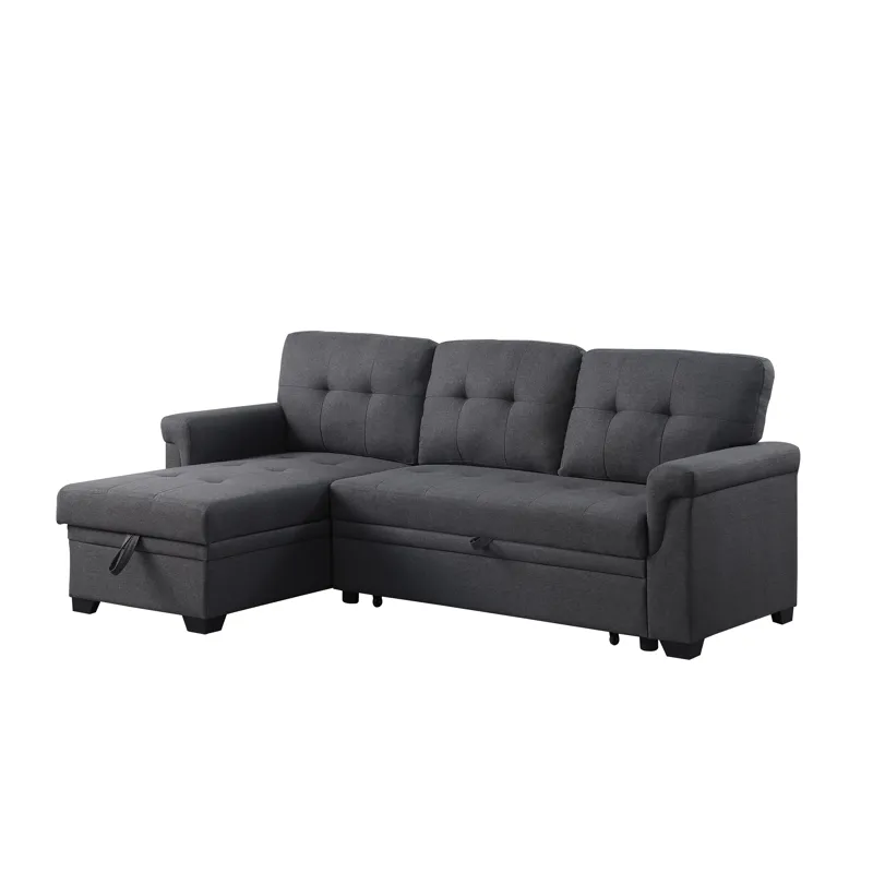 Lucca - Linen Reversible Sleeper Sectional Sofa With Storage Chaise - Dark Gray