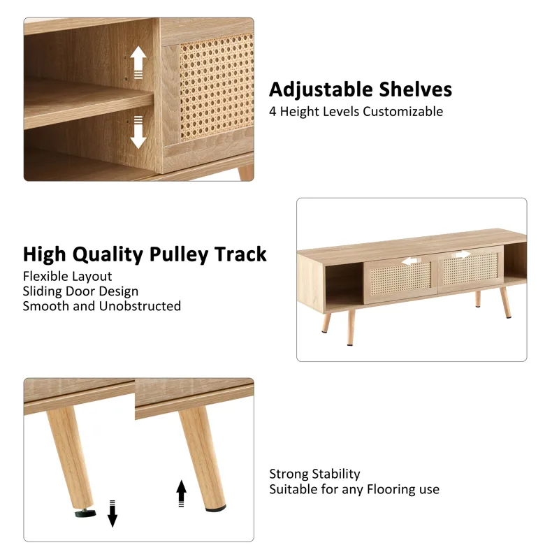 55.12\" Rattan TV Cabinet, Double Sliding Doors For Storage, Adjustable Shelf, Solid Wood Legs, TV C
