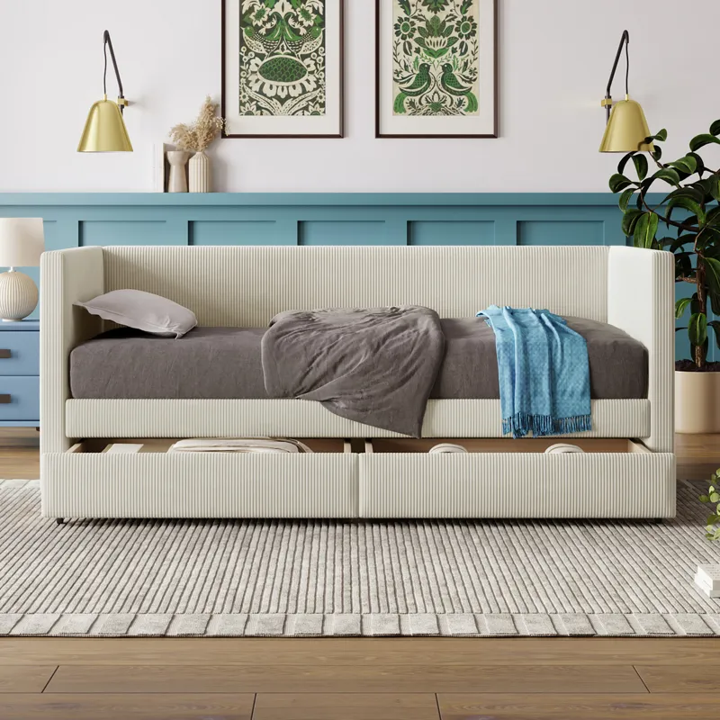 Twin Size Corduroy Daybed With Two Drawers And Wood Slat - Beige