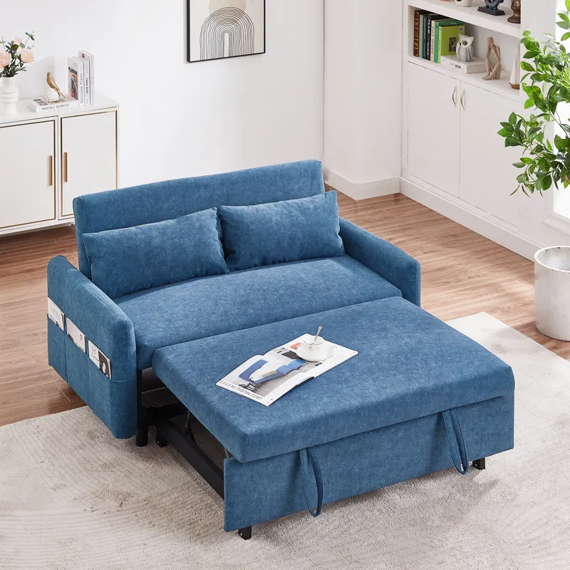 Pull Out Sleep Sofa Bed Loveseats Sofa Couch With Adjsutable Backrest, Storage Pockets, 2 Soft Pillo