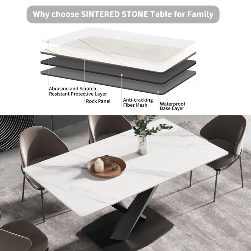 63\" Modern Artificial Stone Straight Edge Metal X-Leg Dining Table, 6 People - White / Black