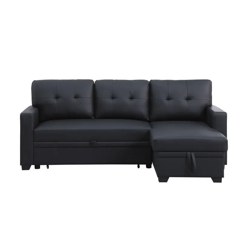 Upholstered Pull Out Sectional Sofa With Chaise - Black