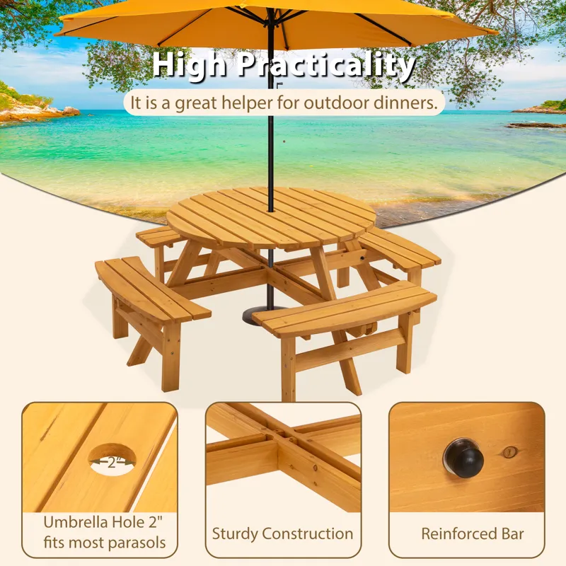 8 Person Wooden Picnic Table, Outdoor Camping Dining Table With Seat, Garden, Diy With 4 Built-In Be
