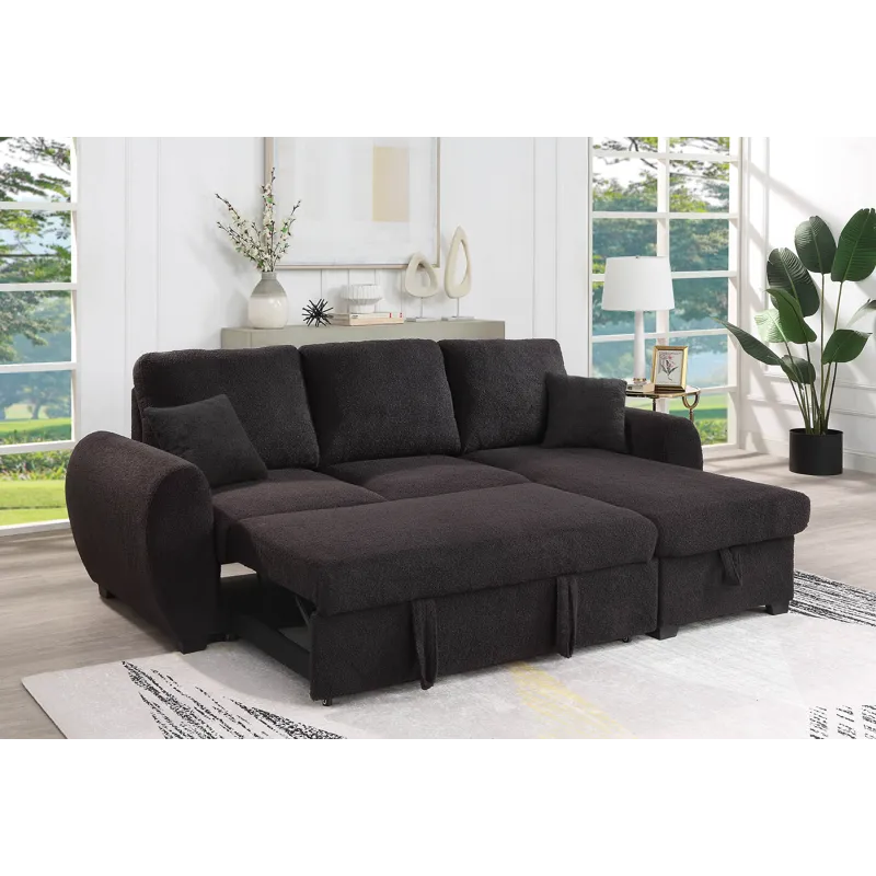 Veronica - Teddy Fleece Reversible Sleeper Sectional Sofa With Storage Chaise - Black