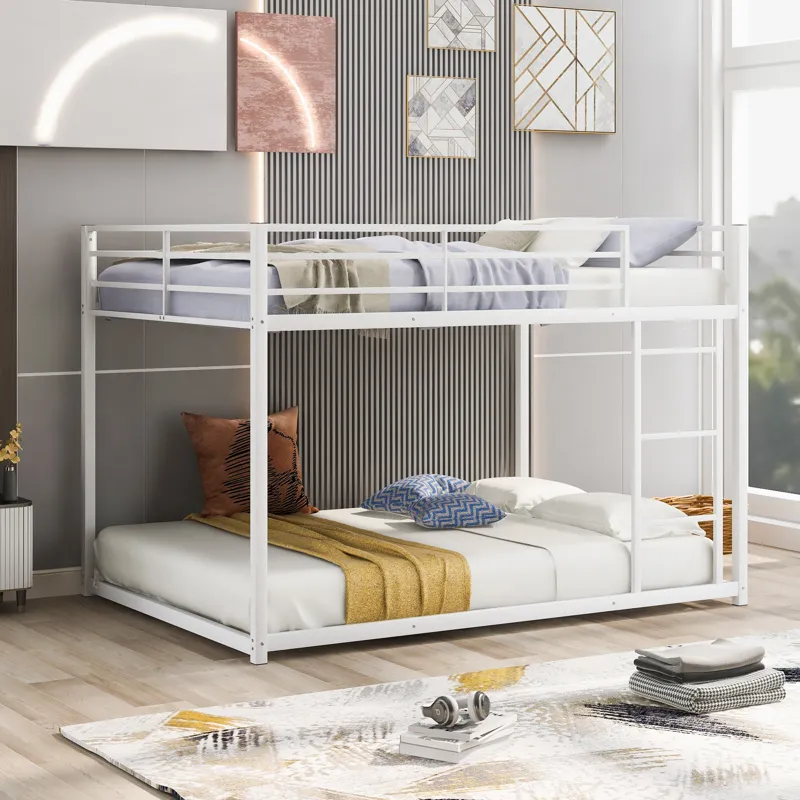 Full Over Full Metal Bunk Bed, Low Bunk Bed With Ladder - White