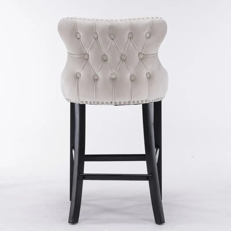 Contemporary Velvet Upholstered Wing-Back Barstools With Button Tufted Decoration And Wooden Legs, A