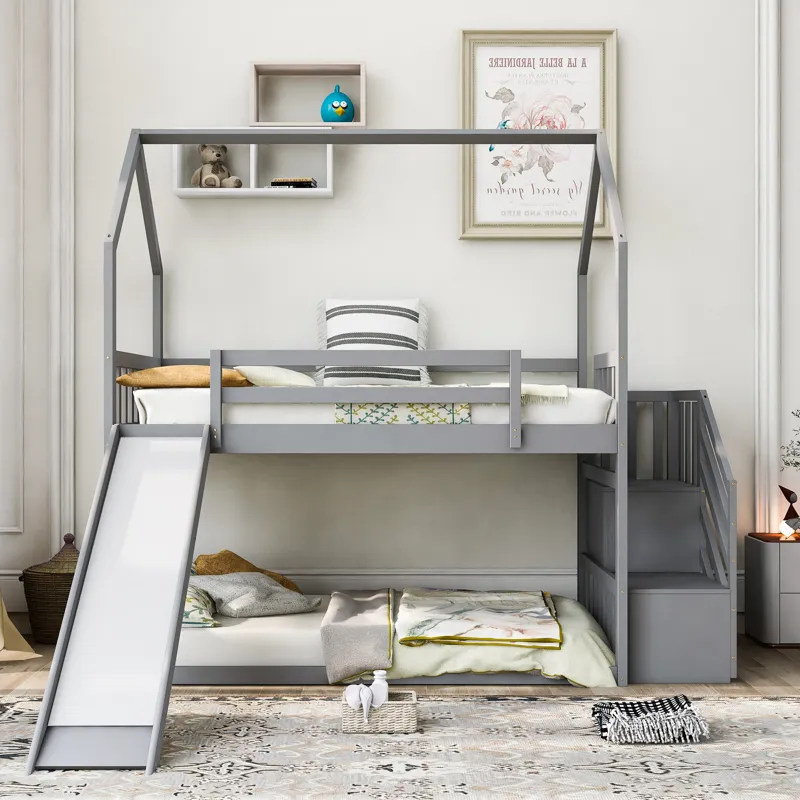 Twin Over Twin House Bunk Bed With Convertible Slide, Storage Staircase Can Be Placed Left Or Right 