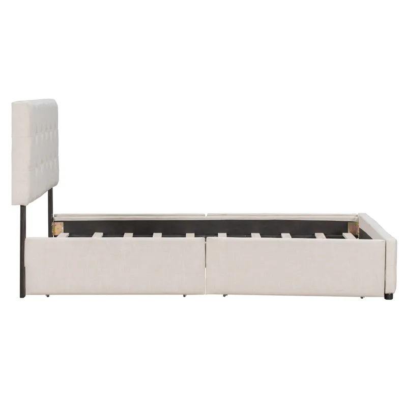 Queen Size Upholstered Platform Bed With Classic Headboard And 4 Drawers, No Box Spring Needed - Bei