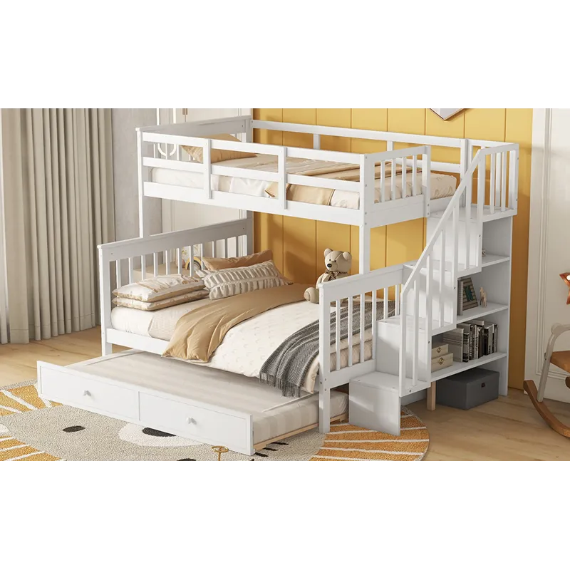 Twin Over Full Bunk Bed With Twin Size Trundle, Storage And Guard Rail For Bedroom, Dorm, For Adults