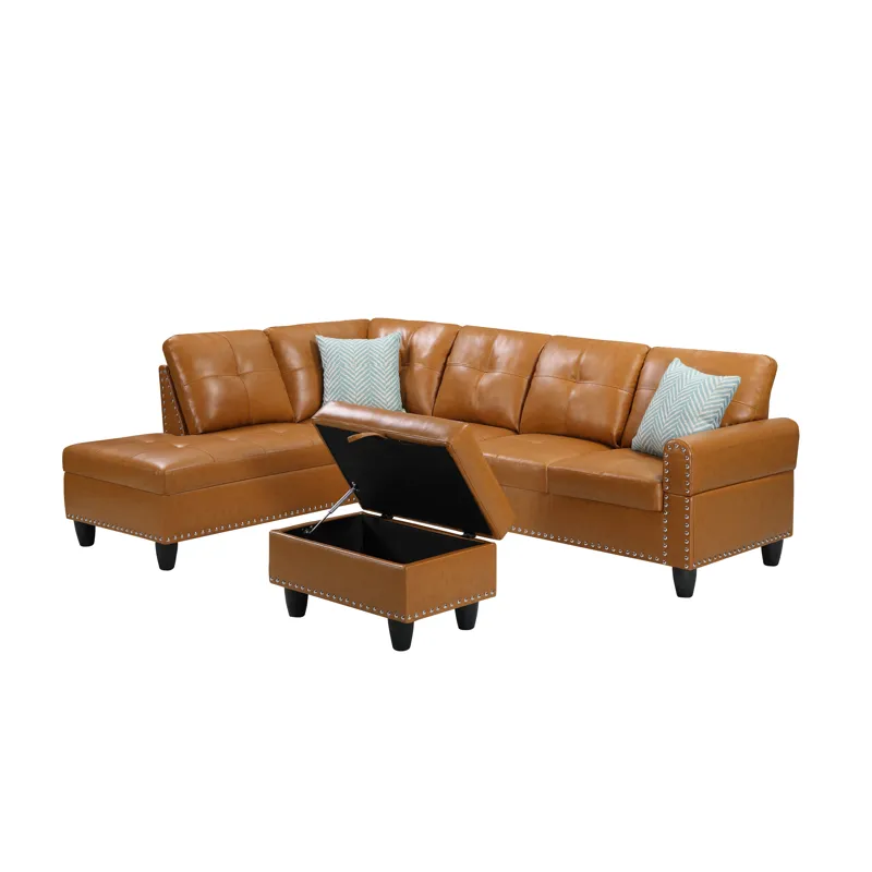 Irine - Faux Leather Sectional Sofa With Ottoman - Ginger