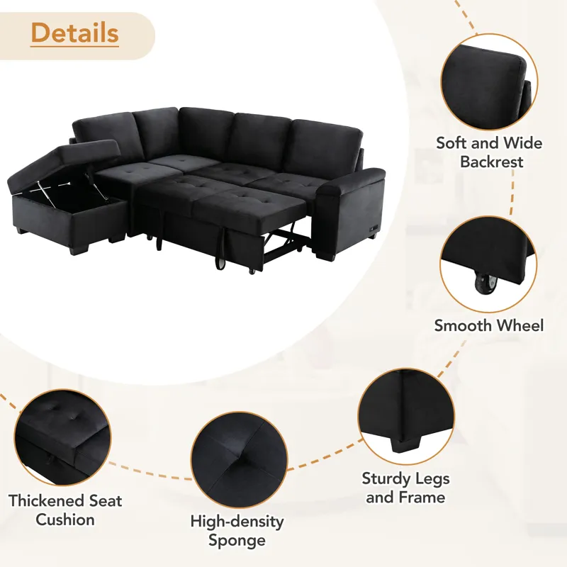 Sleeper Sectional Sofa, L-Shape Corner Couch Sofa Bed With Storage Ottoman & Hidden Arm Storage & US